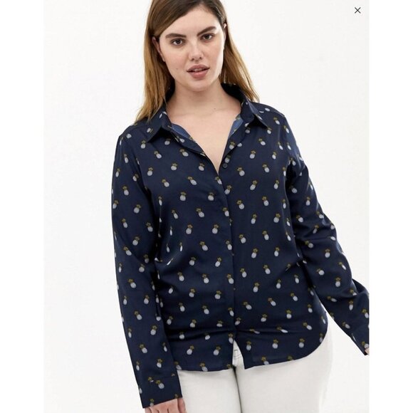ASOS Brave Soul Pineapple-Print Button-Up Shirt in Dark Blue - Picture 1 of 11